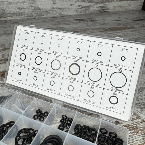 Набір ущільнювальних кілець 225шт для автокондиціонерів і ремонту О-ринги 3-22мм у пластиковому органайзері Київ
