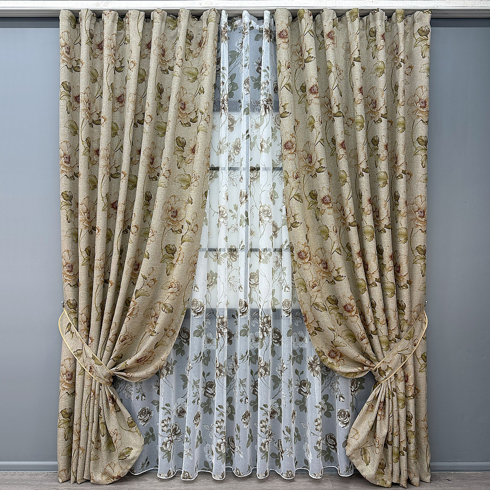 Комплект штор VR-Textil Льон Прованс 100х270 2шт і Тюль 300х270 2080ш-1267т Коричневий з білим 71-205/1 Київ - фото 1