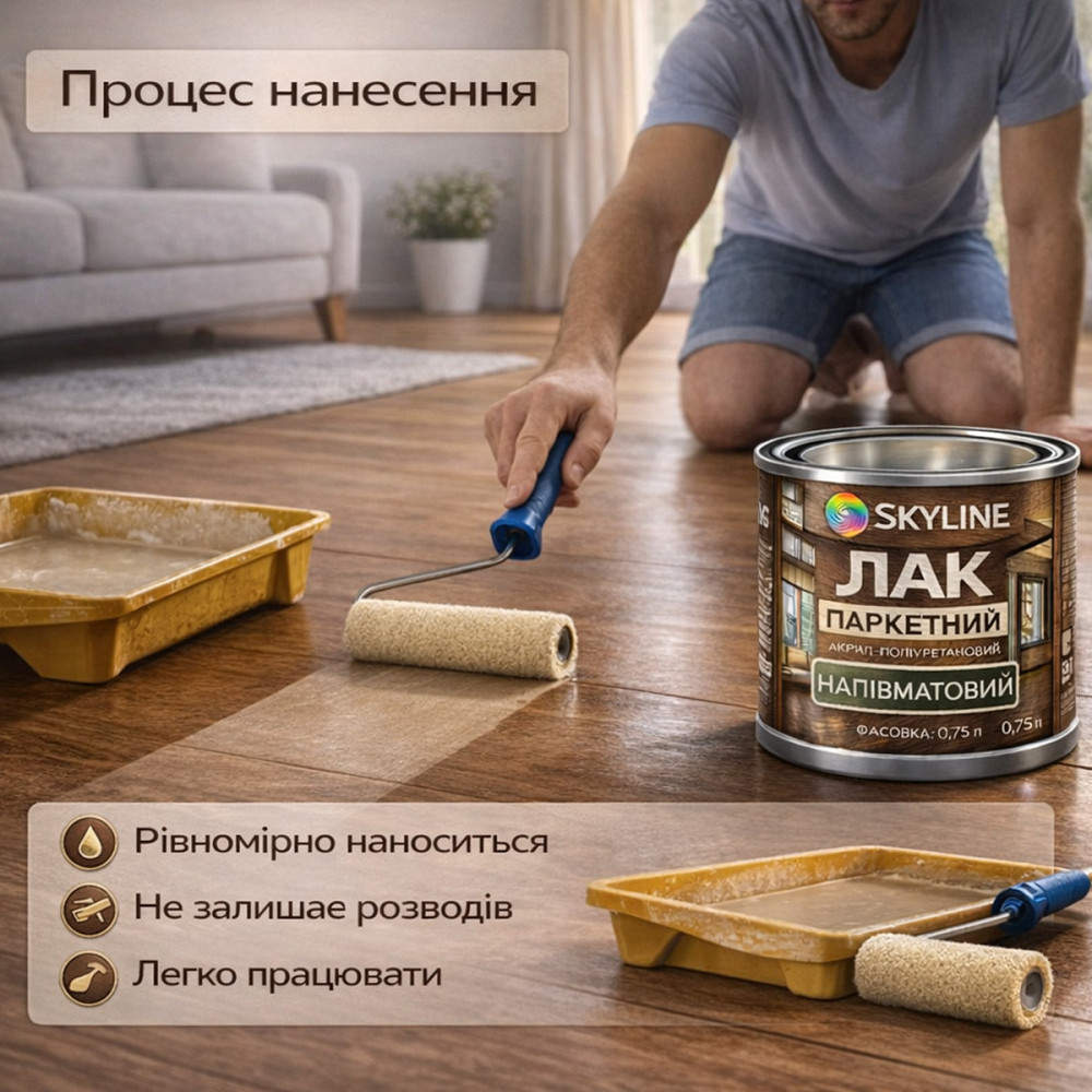 Лак для підлоги напівматовий Skyline паркетний, акрил-поліуретановий, водний, зносостійкий, без запаху, 750 мл Харків - фото 4