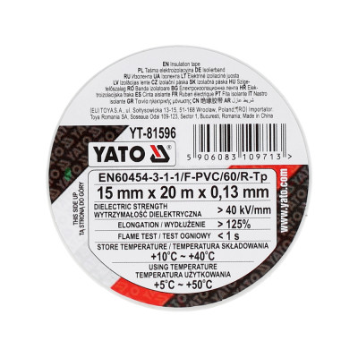Изоляционная лента Yato 15 ММ X 20 М X 0,13 ММ, біла (YT-81596) Винница - изображение 3