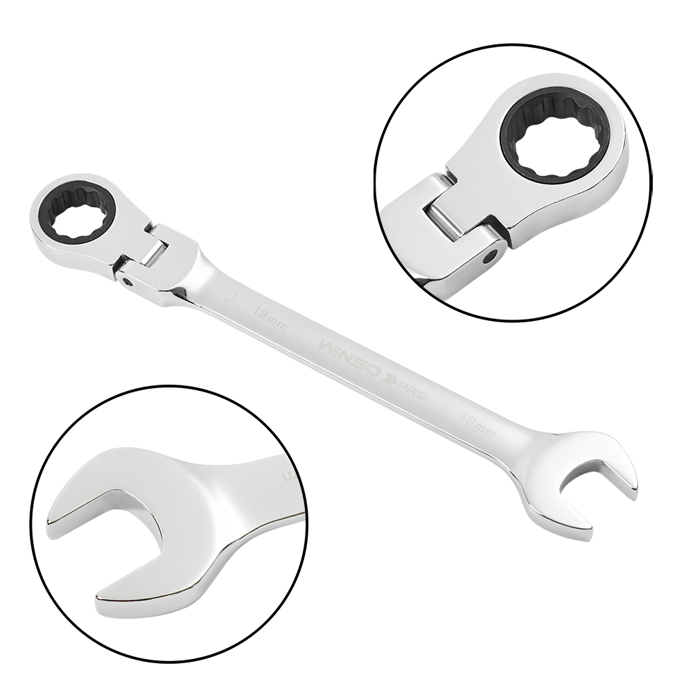 Набор комбинированных ключей с трещоткой и карданом WINSO PRO Cr-V, 8 шт (8–19 мм), в пластиковом держателе Киев - изображение 4