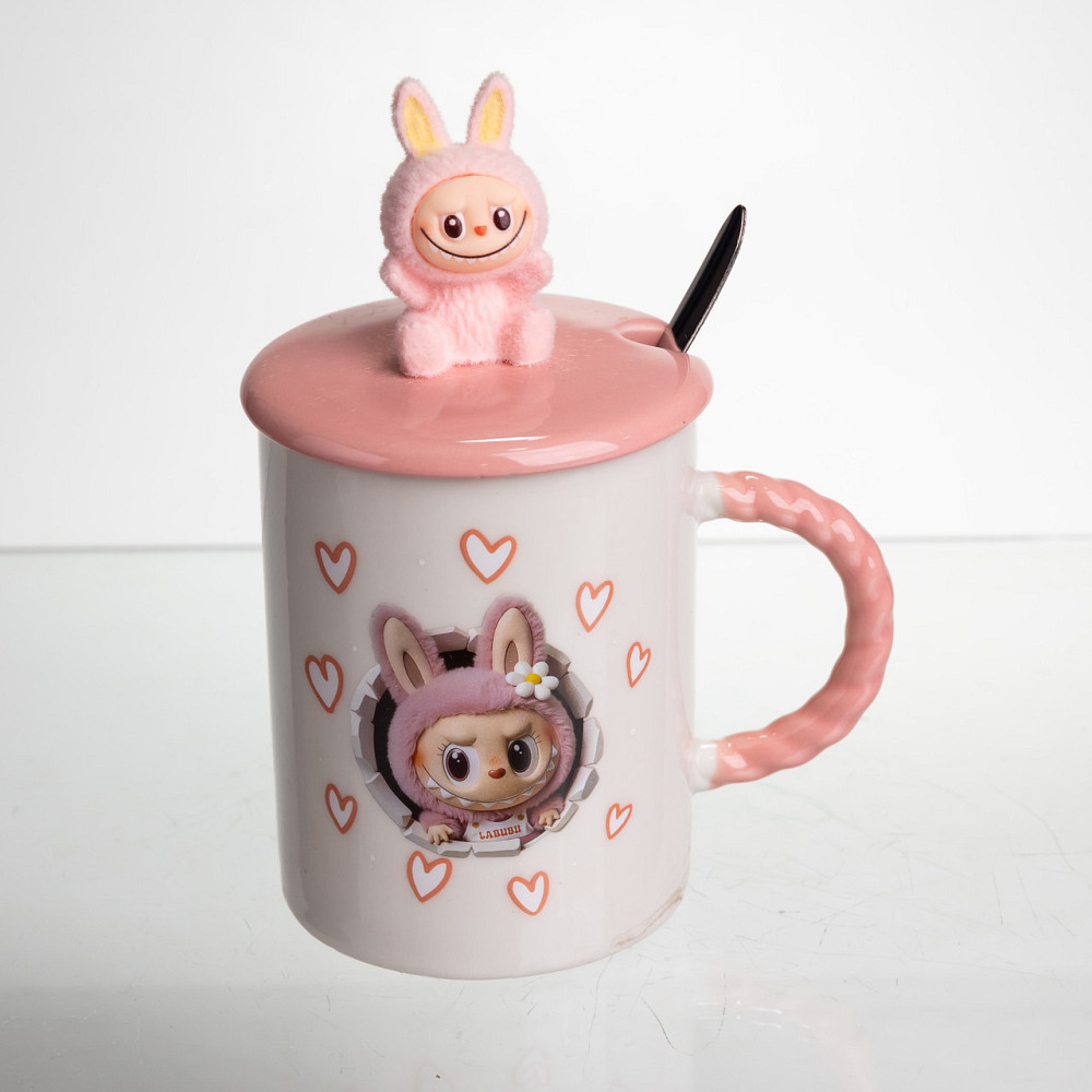 Чашка с крышкой и ложкой Labubu для детей, розовая Киев - изображение 3