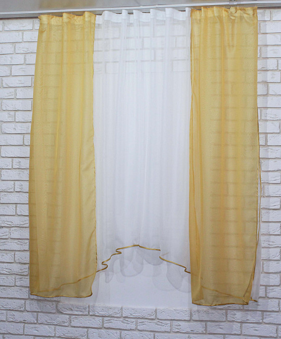 Кухонний комплект VR-Textil № 051к тюль і шторки з підв'язками золотистий з білим 280х170 см (50-039) Київ - фото 3