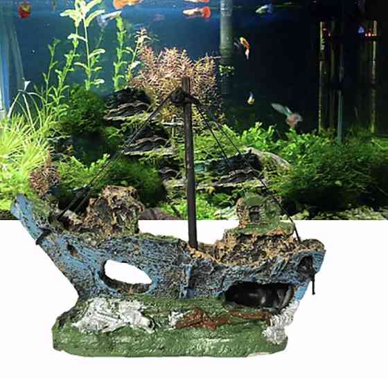 Декор для акваріума "Затонувший кораблик" - розмір 15*13*6 см, смола, акваріумний декор Київ