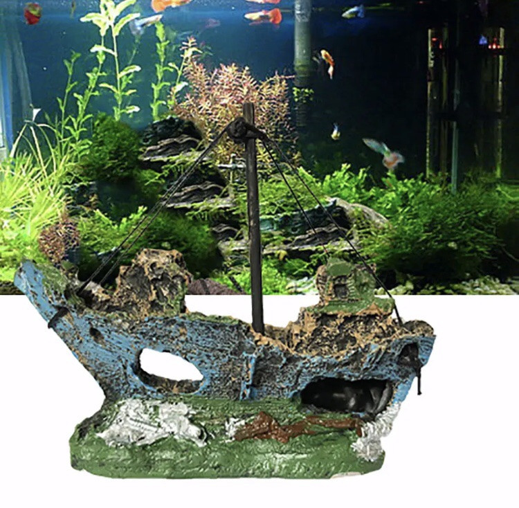 Декор для акваріума "Затонувший кораблик" - розмір 15*13*6 см, смола, акваріумний декор Київ - фото 1