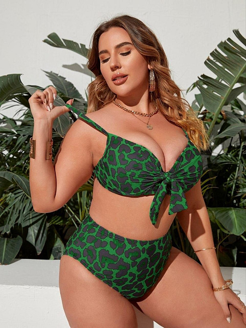 Жіночий роздільний купальник бікіні Plus Size з високими плавками зелений леопардовий 4XL Київ - фото 5