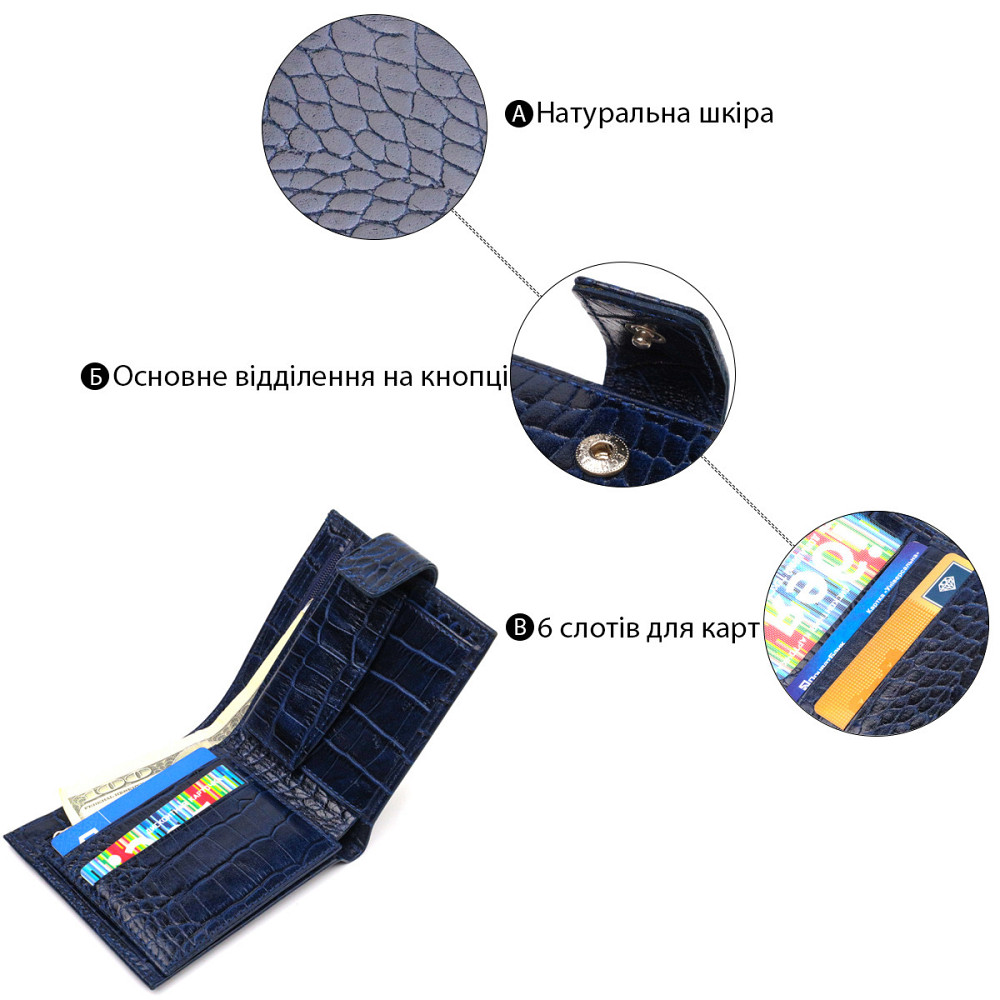 Гаманець для чоловіків горизонтального формату з натуральної шкіри з тисненням під крокодила Синій (CANPELLINI) Київ - фото 9
