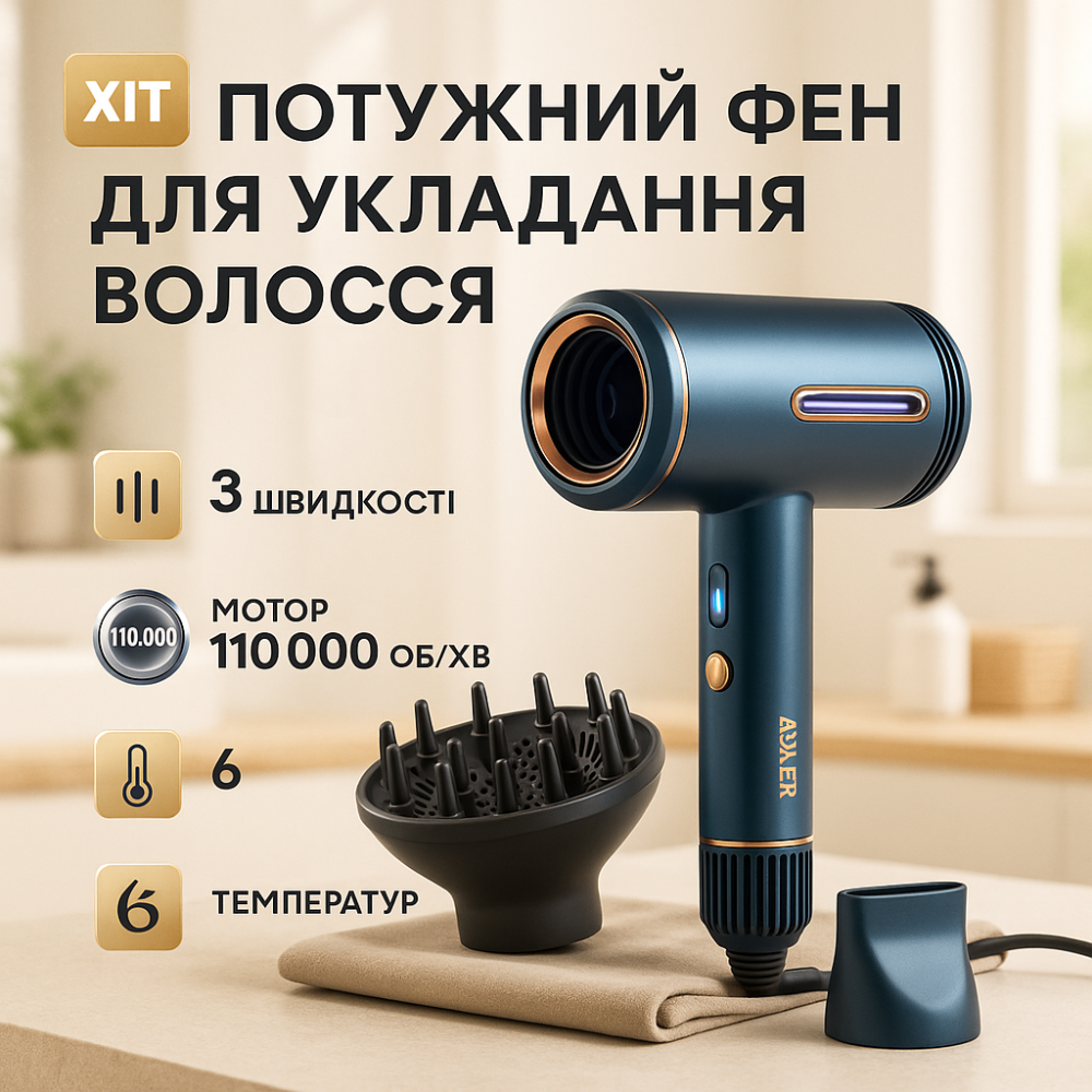 Фен для укладання волосся салонний, Фен для волосся з регульованою температурою, Електрофен з насадками PE-20 Львів - фото 12