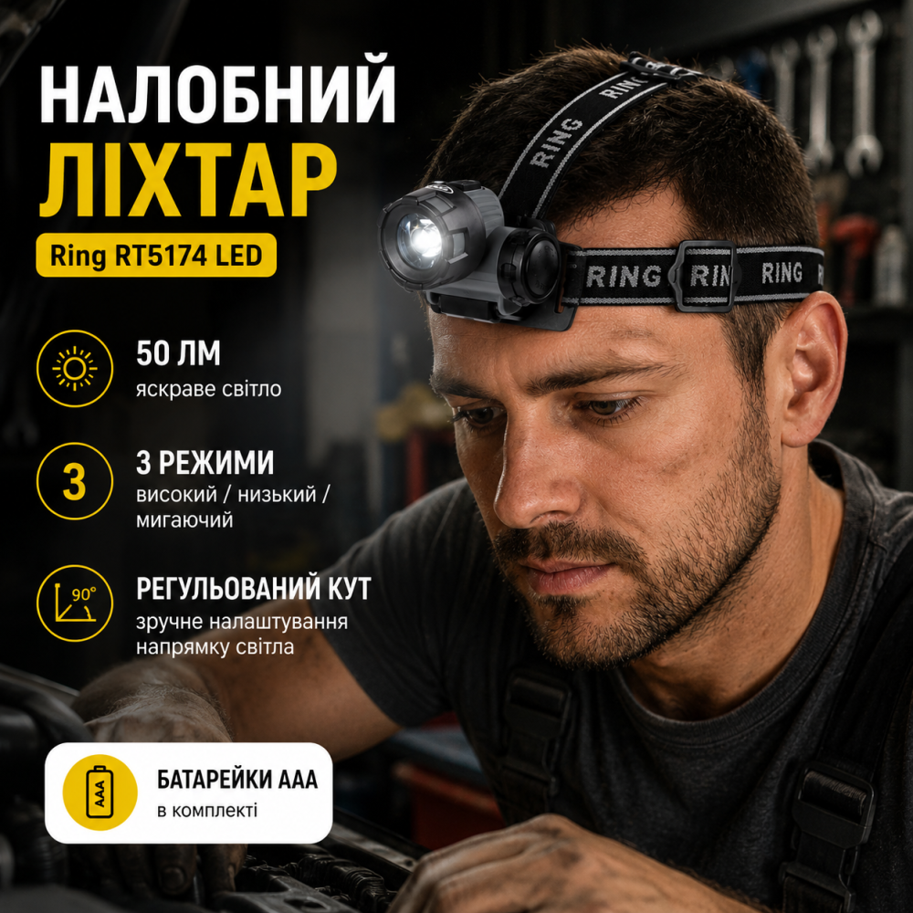 Налобний ліхтар Ring RT5174 LED 50 Лм, 3 режими, регульований кут, батарейки AAA в комплекті Київ - фото 7