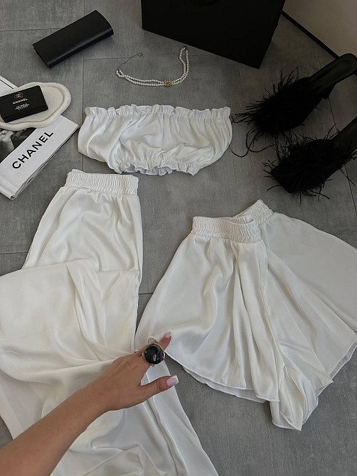 Женская пижама тройка: топ шорты и брюки из шелка армани Молочный, 44/46 Одесса - изображение 5