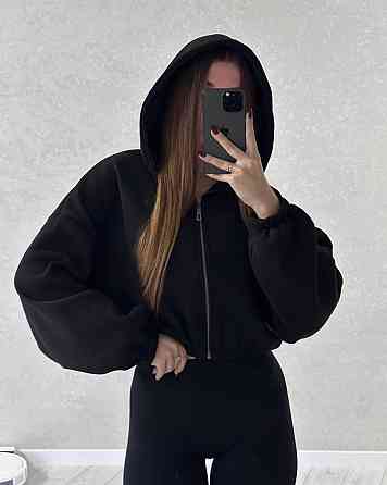 Жіноча стильна та тепла зіп-худі оверсайз тринитка на флісі Чорний Одеса