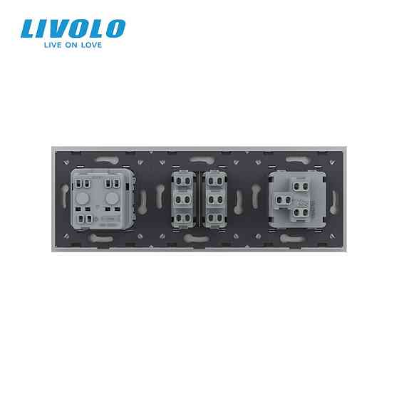LIVOLO Трьохклавішний вимикач (1-2) з розеткою Livolo сірий скло (VL-C7K1/K2/FCTC16A-6IP) Коломия