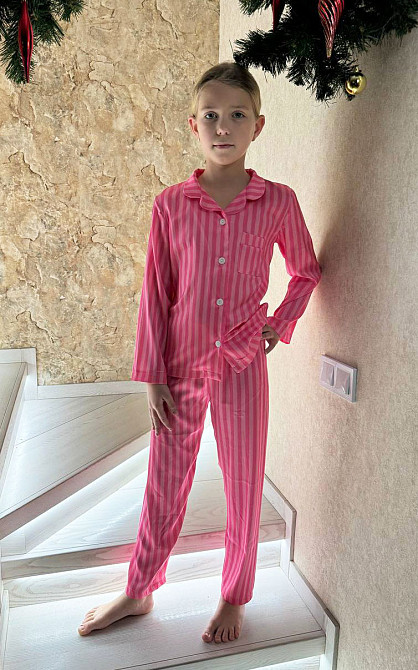 Дитяча піжамка із сатину смужка Малиновий 110-116 Харків - фото 1