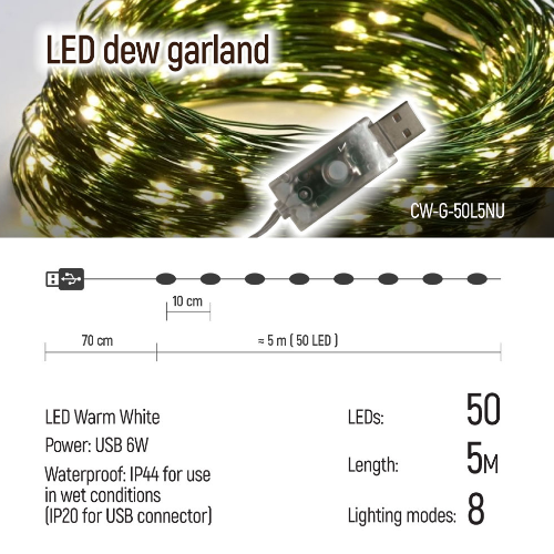 Світлодіодна гірлянда роса 50 Led 5м 8 режимів теплий колір USB CW-G-50L5NU ColorWay Житомир - изображение 5