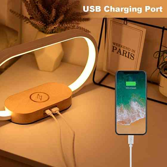 Настільна лампа Wanjiaone з годинником, LED, димером, 10W бездротова зарядка, USB, біло-дерев’яна Київ