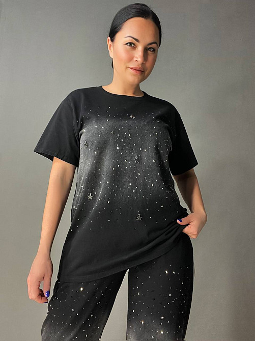 Костюм женский YUJIE YISHANG 7219 вареный тай дай футболка с брюками в камнях черный, черный, L Киев - изображение 15