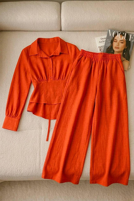 Женский стильный трендовый повседневный костюм лен жатка Коралловый, 42/46 Одесса - изображение 2