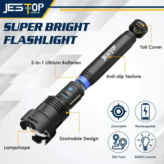 Потужний тактичний ліхтар JESTOP XHP99 + COB, 90 000 люмен, Zoom, Power Bank, USB-акумуляторний Київ