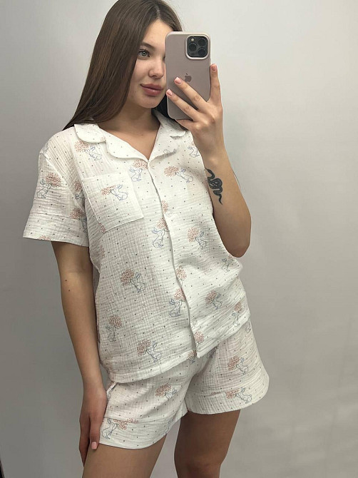 Жіноча піжама з шортами муслінова Молочний кролики L Харків - фото 2