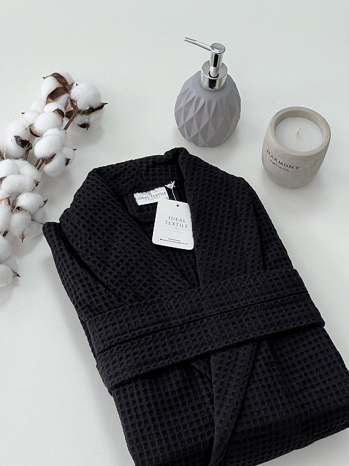Мужской вафельный халат Ideal Textile длинный черный (56861156) L Черновцы - изображение 4