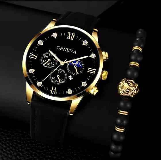 Подарочный набор для мужчин: 1 наручные часы с 1 оригинальным модным браслетом без подарочной коробки черный Киев