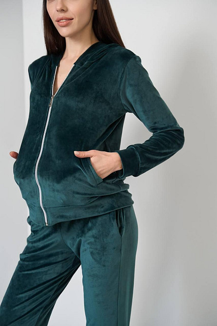 Женский велюровий костюм на змейке с капюшоном Изумрудный L Харьков - изображение 8