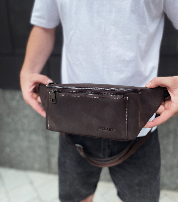 Сумка-бананка из кожи 24х11х8, мужской мел для гаджетов на пояс CH-7371 коричневая Киев - изображение 7