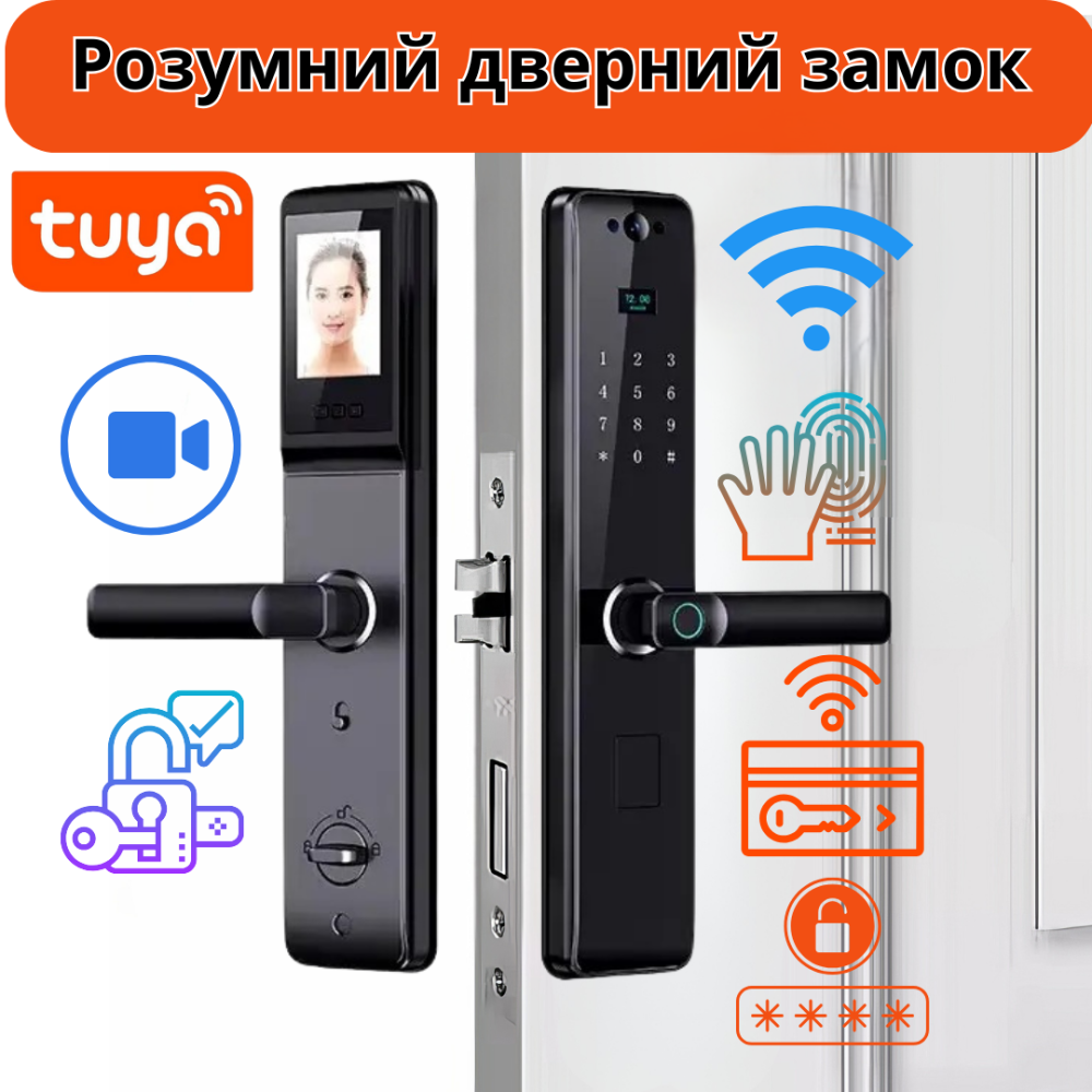 Розумний дверний замок з камерою, кодовий замком Wi-Fi з відбитком пальця і ключ-картою, чорний Кам'янець-Подільський - фото 1