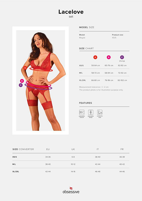 Комплект білизни Obsessive Lacelove cupless 3pcs set XS/S Red, бюстгальтер, стрінги, пояс для панчіх Sex Aura Київ - фото 5