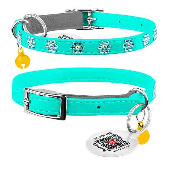 Нашийник WAUCAT Glamour з резинкою, клейовими стразами "Квітка" для котів (ширина 9мм, довжина 22-30см) ментоловий Київ