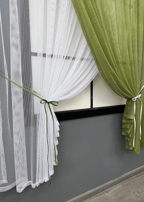Кухонные шторки VR-Textil № 101к с подвязками Оливковый с белым 330х170 см (52-1215) Киев - изображение 3