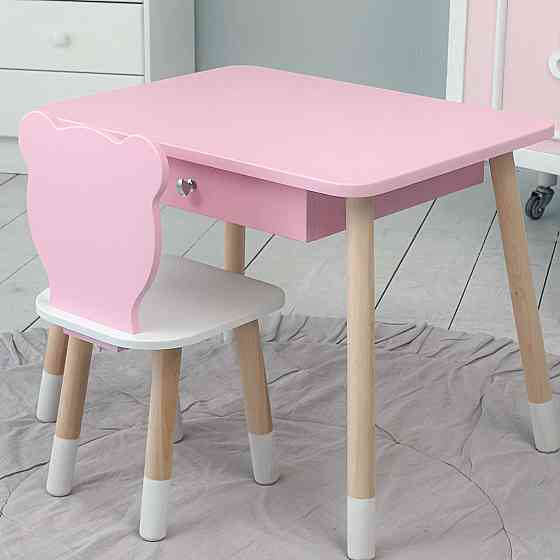 Стіл прямокутний з шухлядою 46х60х45 і стілець медвежа 26х26х24, столик та стільчик для дитячої кімнати, рожевий з білим Київ