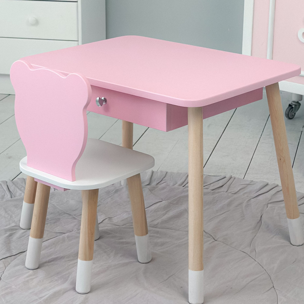 Стіл прямокутний з шухлядою 46х60х45 і стілець медвежа 26х26х24, столик та стільчик для дитячої кімнати, рожевий з білим Київ - фото 1