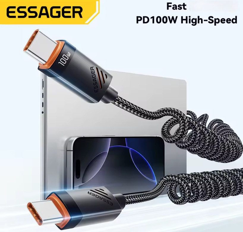 Кабель пружинний Essager Type-C to Type-C 100W PD швидка зарядка і передача даних (1.8м) Миколаїв - фото 2