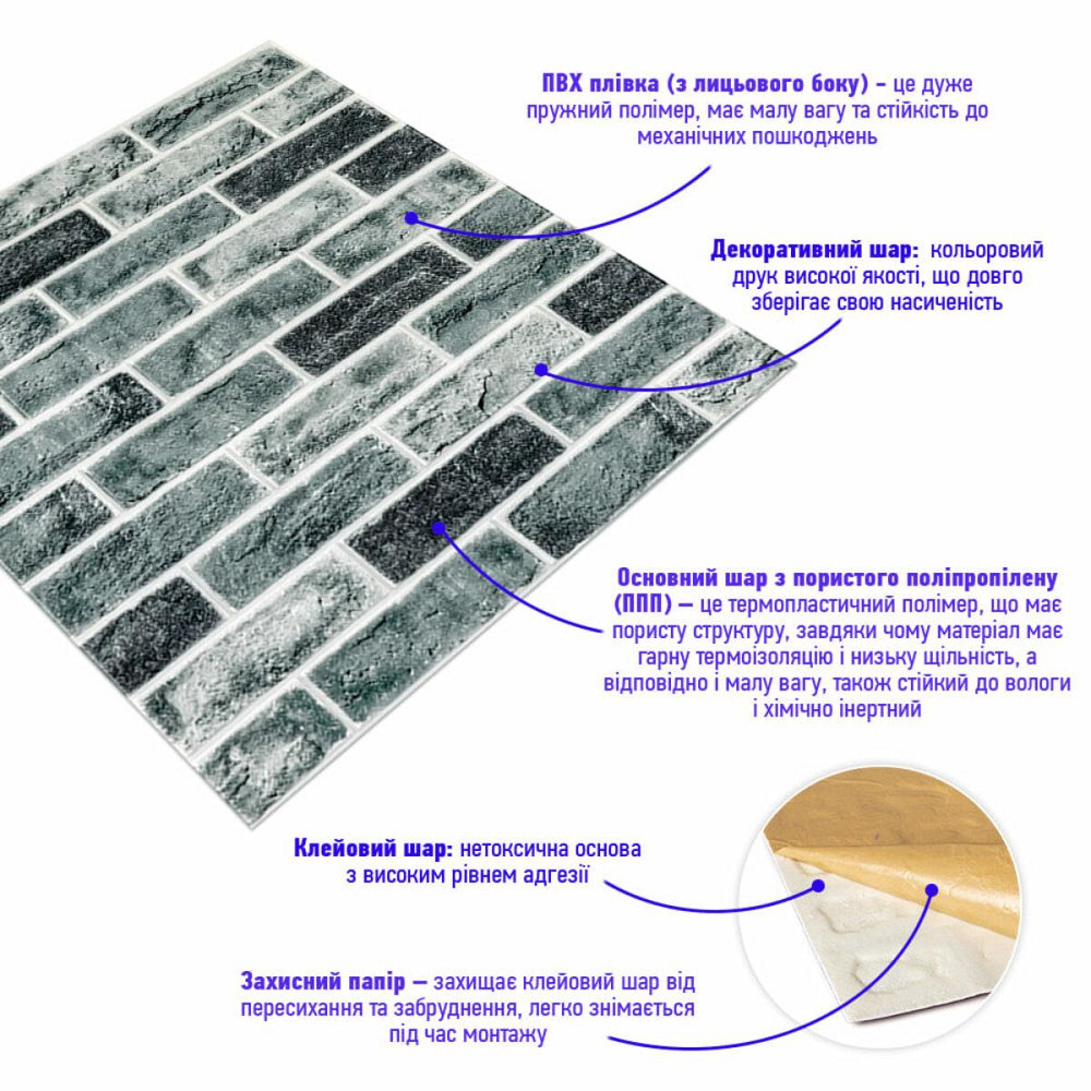 Самоклеюча 3D панель 700x700x5мм Клінкер синій (413) SW-00000768 Дніпро - фото 2