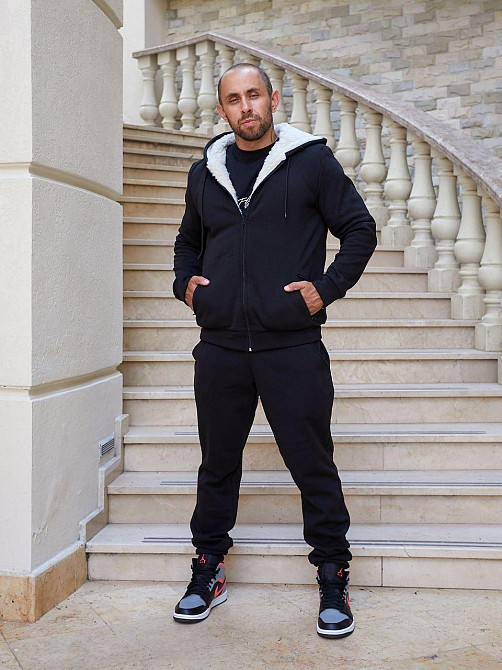 Чоловічий теплий костюм-двійка тринитка на флісі з хутром овчини Чорний, 58 Одеса - фото 1