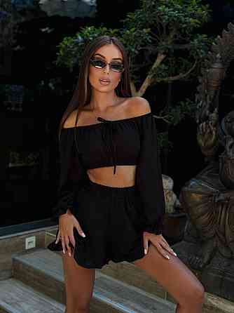 Женский легкий романтичный костюм двойка: топ и шорты американский креп жатка Черный Одесса