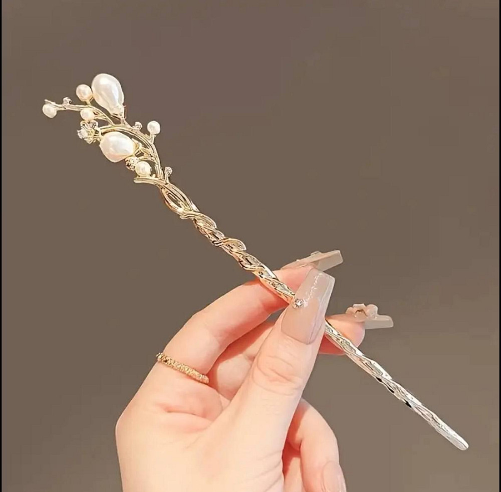 Винтажная металлическая шпилька для волос с цветами и жемчугом Киев - изображение 2