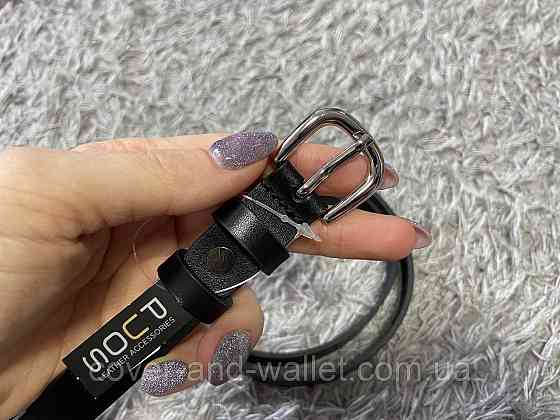 Тонкий кожаный женский ремень черного цвета 15 мм Puos Киев