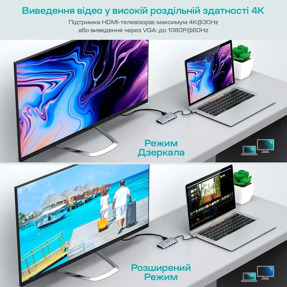 USB-C хаб 9-в-1 Choetech M15 HDMI 4K@30Hz, VGA, 3 USB3.0, RJ45, USB-C PD, SD-card, TF-card (43-00153) Киев - изображение 7