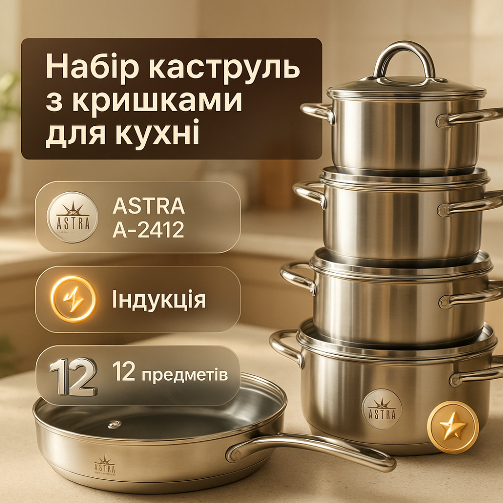 Набір каструль з кришками для кухні 12 предметов ASTRA A-2412, Набір каструль для електричних плит IZ-34 Львів - фото 17