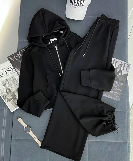 Женский прогулочный костюм двойка: кофта и штаны турецкая двунитка Черный, 46/48 Одесса - изображение 1