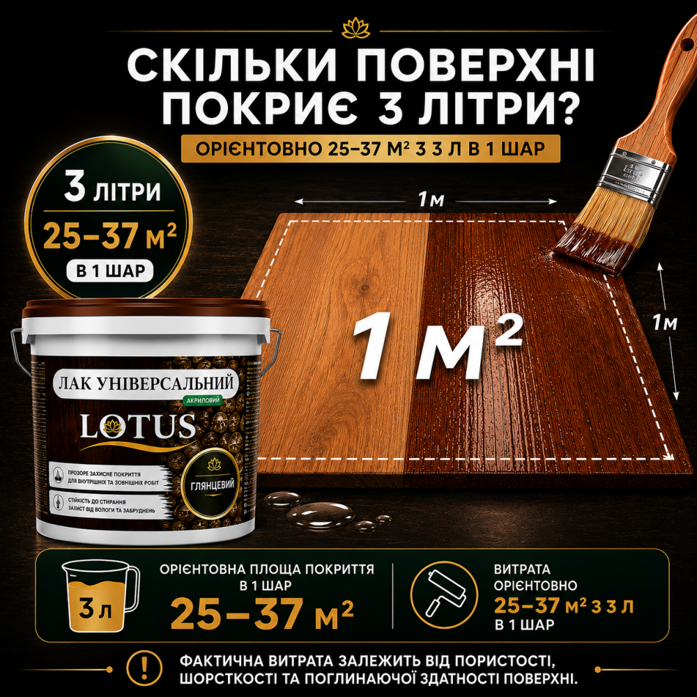 Лак універсальний акриловий LOTUS прозорий глянцевий без запаху зносостійкий для дерева, каменю, бетону та інших поверхонь 3 л Харків - фото 8