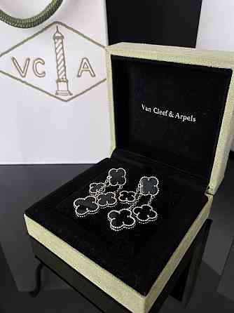 Сережки Van Cleef длинные на 4 элемента черная эмаль покрытие белым золотом / упакованы в мешочек Одесса