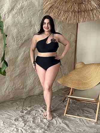 Роздільний купальник великого розміру з високою посадкою plus size з поролоновими чашками біфлекс чорний Одеса