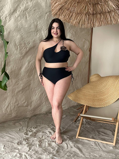 Роздільний купальник великого розміру з високою посадкою plus size з поролоновими чашками біфлекс чорний Одеса - фото 4