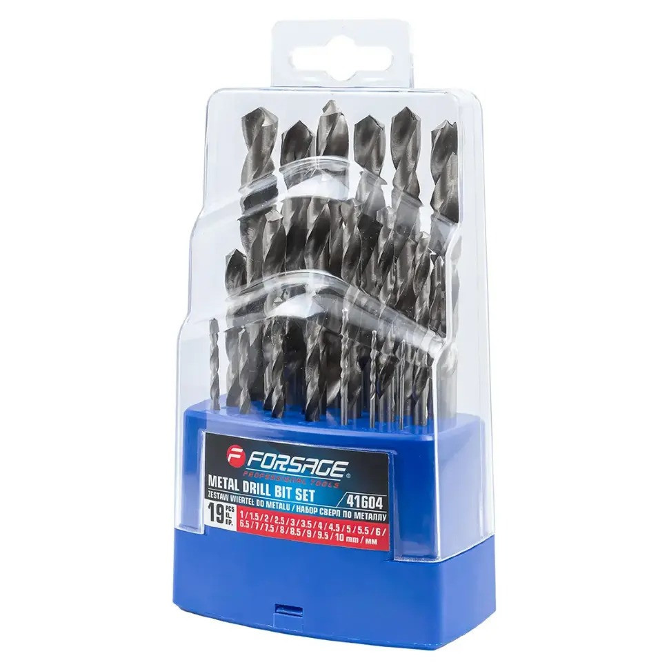 Набор сверл по металлу 19 предметов (1-10 мм, шаг 0.5 мм, в пластиковом футляре) Forsage F-41604 Одесса - изображение 1