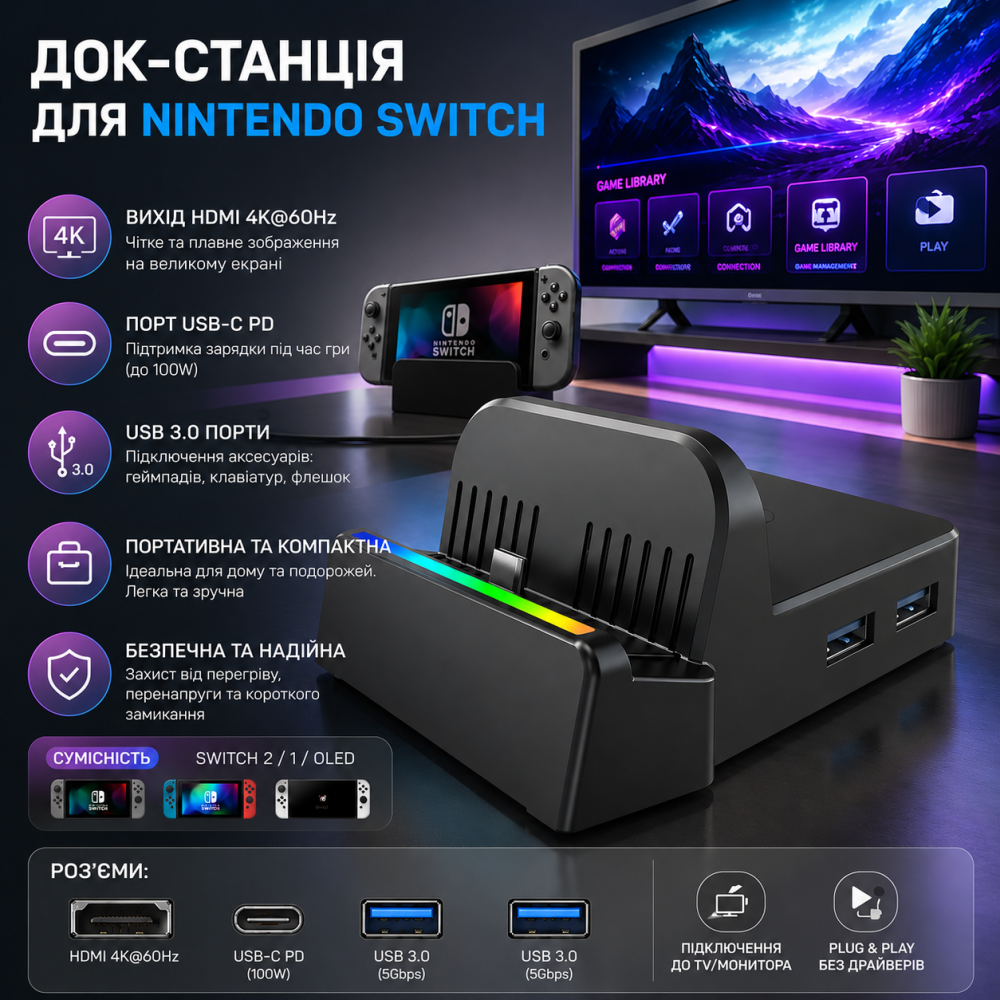 Док-станция для Switch TV для Nintendo Switch 2/1/OLED, портативная док-станция для Switch 2, дорожная база, HDMI 4K@60Hz Киев - изображение 11