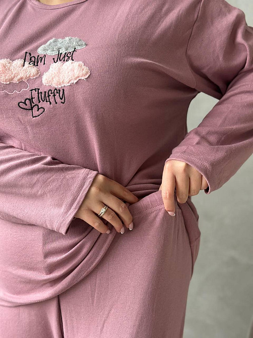 Піжама жіноча великого розміру штани та лонгслів батал PLUS SIZE з вишивкою для дому та сну з довгими рукавами рожева 4XL Одеса - фото 7