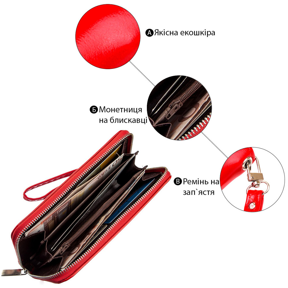 Гаманець жіночий на одну блискавку з екокожі гладкий KIVI 19041 Червоний Київ - фото 1